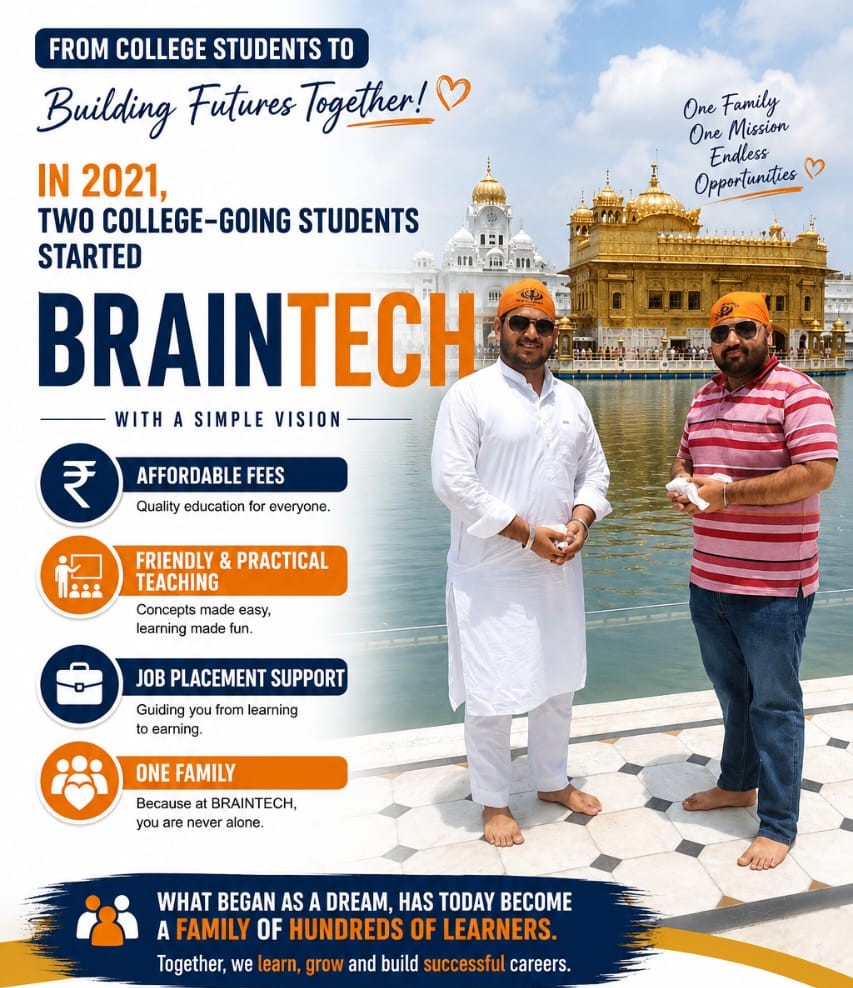 Braintech founders at the Golden Temple, Amritsar — the story of how Braintech began in 2021 with affordable fees, friendly teaching, job placement support, and one family